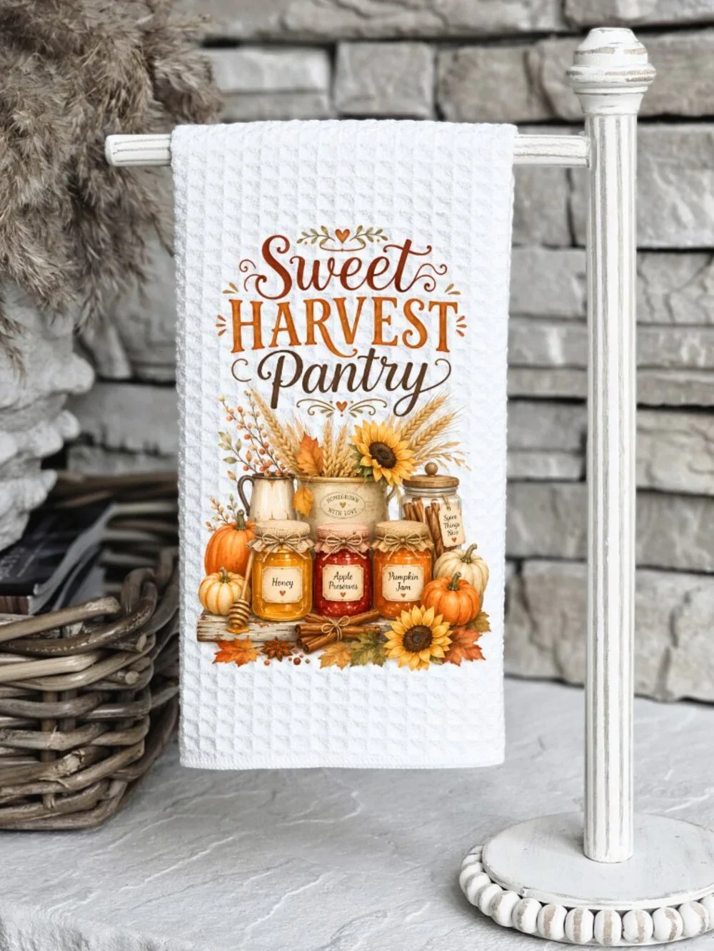 Sweet Harvest Pantry Fall Kitchen Towel, Pumpkin Sunflower Dish Towel